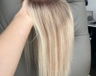 Prótesis capilar de cabello humano Remy, base monofilamento de 14 pulgadas, rubio ceniza con raíces, solución para el cabello fino