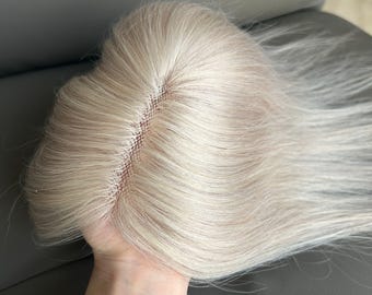 Prótesis capilar 100% cabello humano / Rubio cremoso blanquecino, base de encaje grande, pieza de cabello con clip