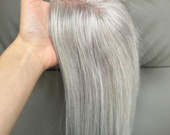 100% Human Hair Topper | Silver White Lace Base Hairpiece (7x11cm)