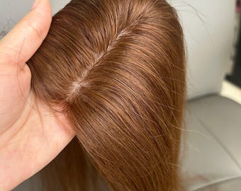Peluca postiza de cabello 100% humano con base de seda, 30 cm (12 pulgadas), color marrón medio, con clip.