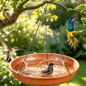 May include: A round terracotta bird bath suspended by three black metal chains connected to a central hook. A small brown sparrow sits in the water, creating splashes. A hummingbird, a kingfisher, and a macaw are positioned around the basin.