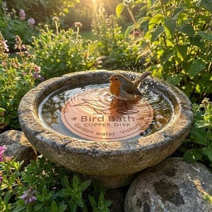 Könnte beinhalten: Ein rundes Vogelbad aus Stein mit Wasser und einer Kupferscheibe mit der Aufschrift Bird Bath COPPER DISK Garden water Visitors. Ein kleines Rotkehlchen steht im Wasser auf der Scheibe, die als 2mm dick gekennzeichnet ist. Das Becken ist texturiert.