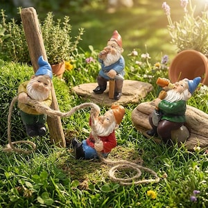 May include: Four garden gnome figurines in a grassy area. One gnome pulls a rope attached to a wooden post, another sits on a rock smoking, a third gnome pulls the rope from the ground, and the fourth sits on a log drinking from a bottle.