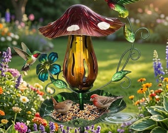Whimsical Iron Mushroom Bird Feeder Stake with Hummingbird , Metal Art Garden Decor, Outdoor Yard Ornament, Red Mushroom, Blue Flower