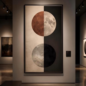 Puede incluir: Una gran pieza de arte mural rectangular que presenta dos fases lunares circulares alineadas verticalmente. El círculo superior está dividido entre un marrón rojizo profundo y un blanco texturizado, mientras que el inferior pasa de gris claro a negro.