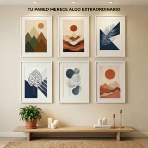 Puede incluir: Seis cuadros enmarcados dispuestos en dos filas, con paisajes de montañas abstractos, soles e ilustraciones de hojas botánicas en tonos terracota, azul marino, verde y gris. El texto superior dice: TU PARED MERECE ALGO EXTRAORDINARIO.