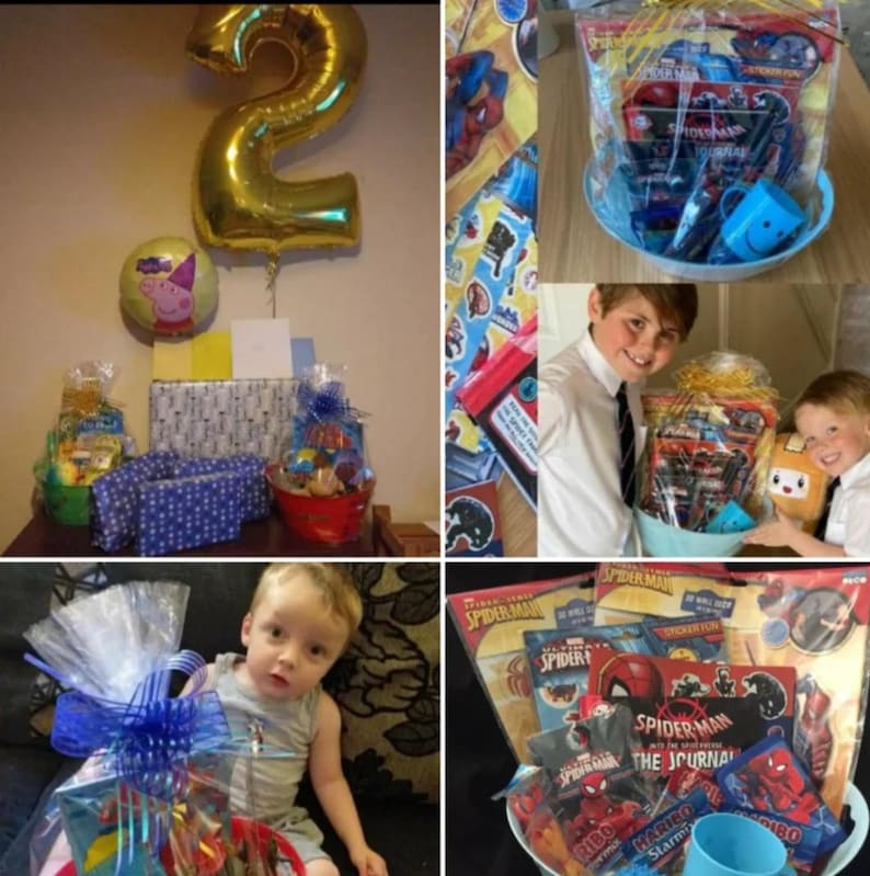 May include: A collage of images featuring gift baskets, balloons, and wrapped presents. One basket is filled with Spider-Man themed items, including a journal and candy. A gold number 2 balloon and a Peppa Pig balloon are also visible.