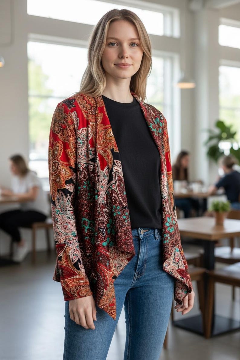 Op de afbeelding: Een vrouw draagt een open vest met rode, oranje en zwarte paisley-print over een zwart t-shirt en een blauwe spijkerbroek. Het vest heeft een gedrapeerde voorkant en lange mouwen. De achtergrond is een caf&eacute; met tafels en stoelen.