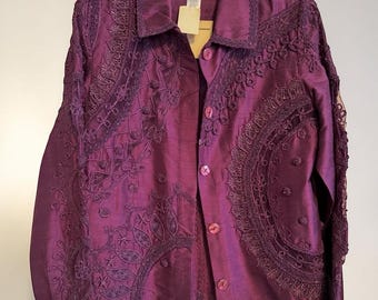 Women's Dressy Silk and Lace Jacket, Burgundy Formal Jacket, Medium Size, Open Jacket, Coldwater Creek