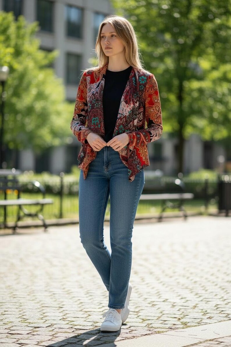 Op de afbeelding: Een vrouw draagt een jasje met patroon in rood, oranje en turquoise accenten over een zwarte top en een blauwe jeans. Ze draagt witte sneakers. De achtergrond is een park met bomen en banken.
