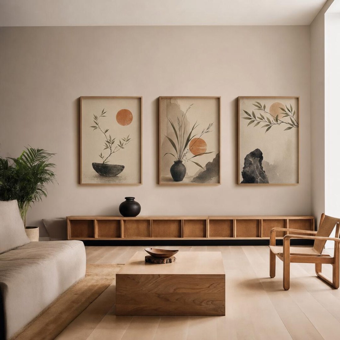 Japandi Wall Art Set of 3, Sage Ikebana Triptych, Wabi Sabi Neutral ...