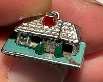 Sterling Silver House Charm; green enamel base, red chimney accent