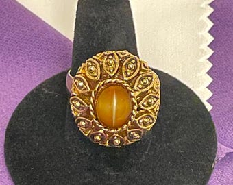 Vintage cabochonring met tijgeroogglas, goudkleurig, medaillon, verstelbare/aanpasbare ring