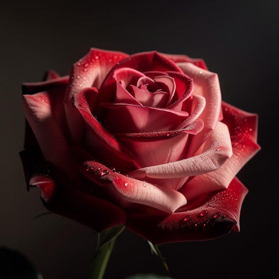 A breathtakingly intimate close-up of a single crimson red rose adorned with delicate morning dewdrops.