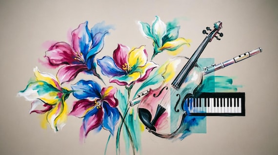 Flowers and Musical instruments Art - Floral Violin Watercolor Music Room Art