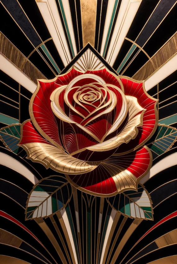 Luxury Red Gold Rose Wall Art, Art Deco, Avant Garde Floral Decor, Elegant Artwork