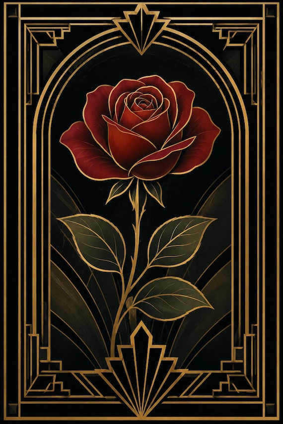 Art Deco Rose Wall Art Vintage Flower Floral Poster Red and Gold Geometric Decor 2