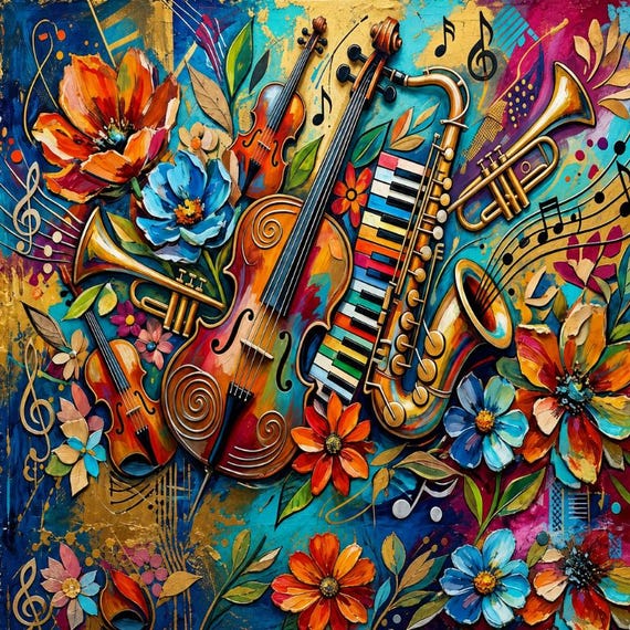 Blooms and Music Art - Colors Floral Instruments Wall Art Music Room Decor