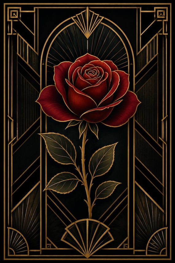 Art Deco Rose Wall Art Vintage Flower Floral Poster Red and Gold Geometric Decor