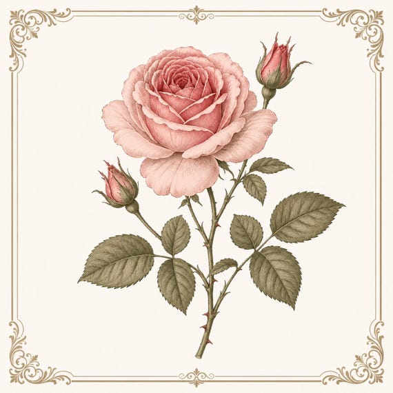 Pink Rose Vintage Floral Wall Art Rose Art Gift Pink Rose Botanical Illustration 2B