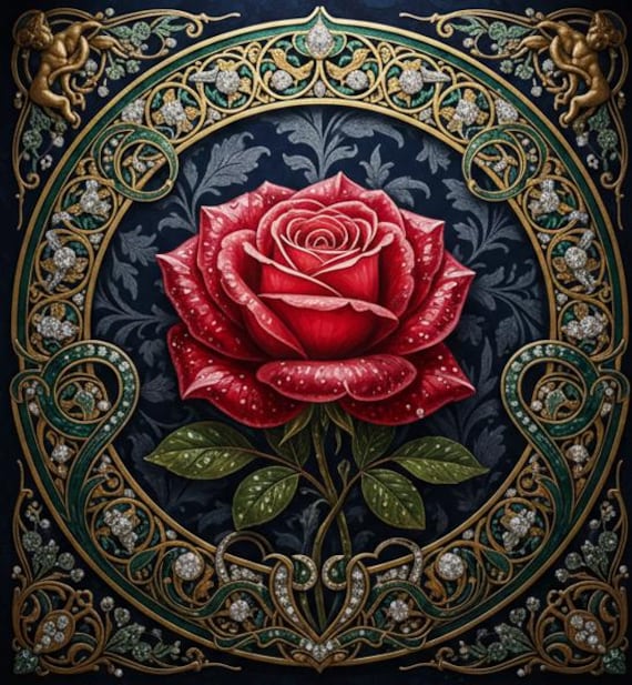 Luxury Red Rose Wall Art, Romantic Elegant Wall Art Decor, Ornate Gold Edge, Vintage Botanical Decor