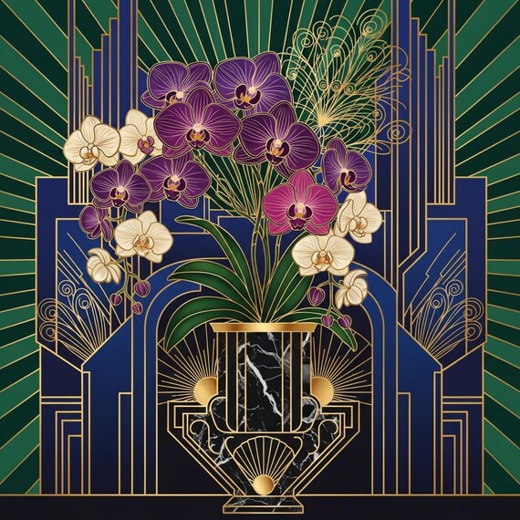 Art Deco Orchid Wall Art Navy Blue Emerald Green Gold Floral