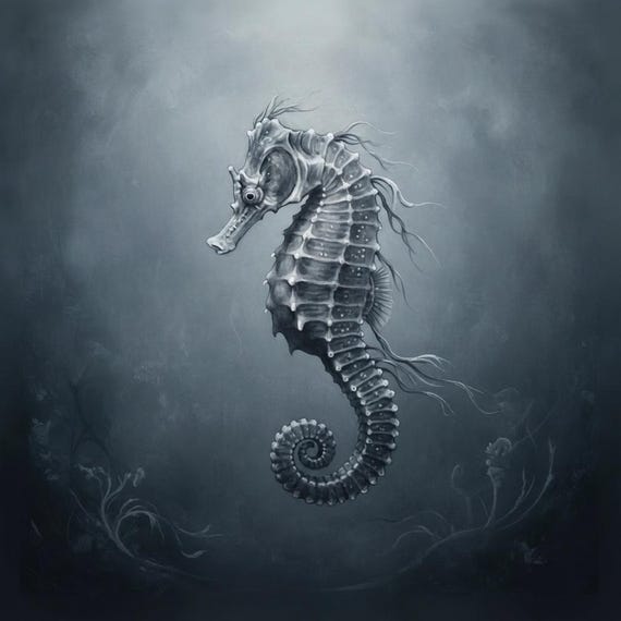 Monochrome Charcoal-Grey Seahorse Painting