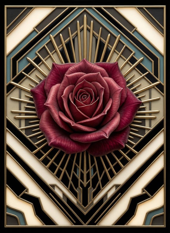 Deep Maroon Rose Art Deco Geometric Floral Wall Art