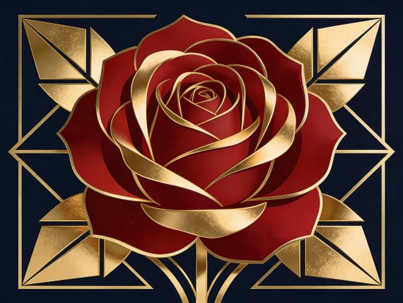 Luxury Red & Gold Rose Wall Art  Art Deco Floral Design