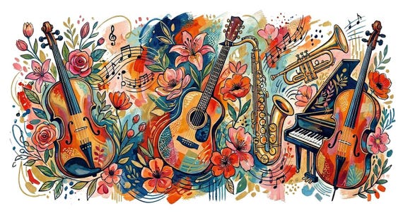 Flowers and Musical instruments Wall Art - Floral Watercolor