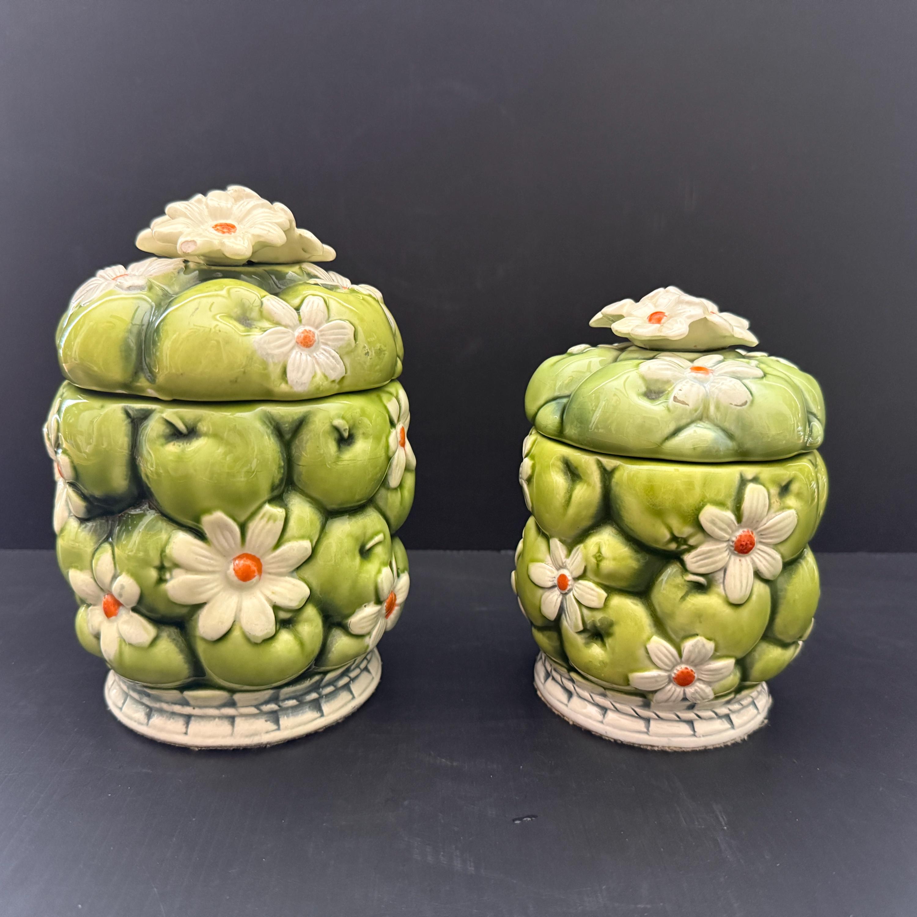 Vintage 1967 Inarco Green Apple and Daisy Canister Set - 15 Pieces