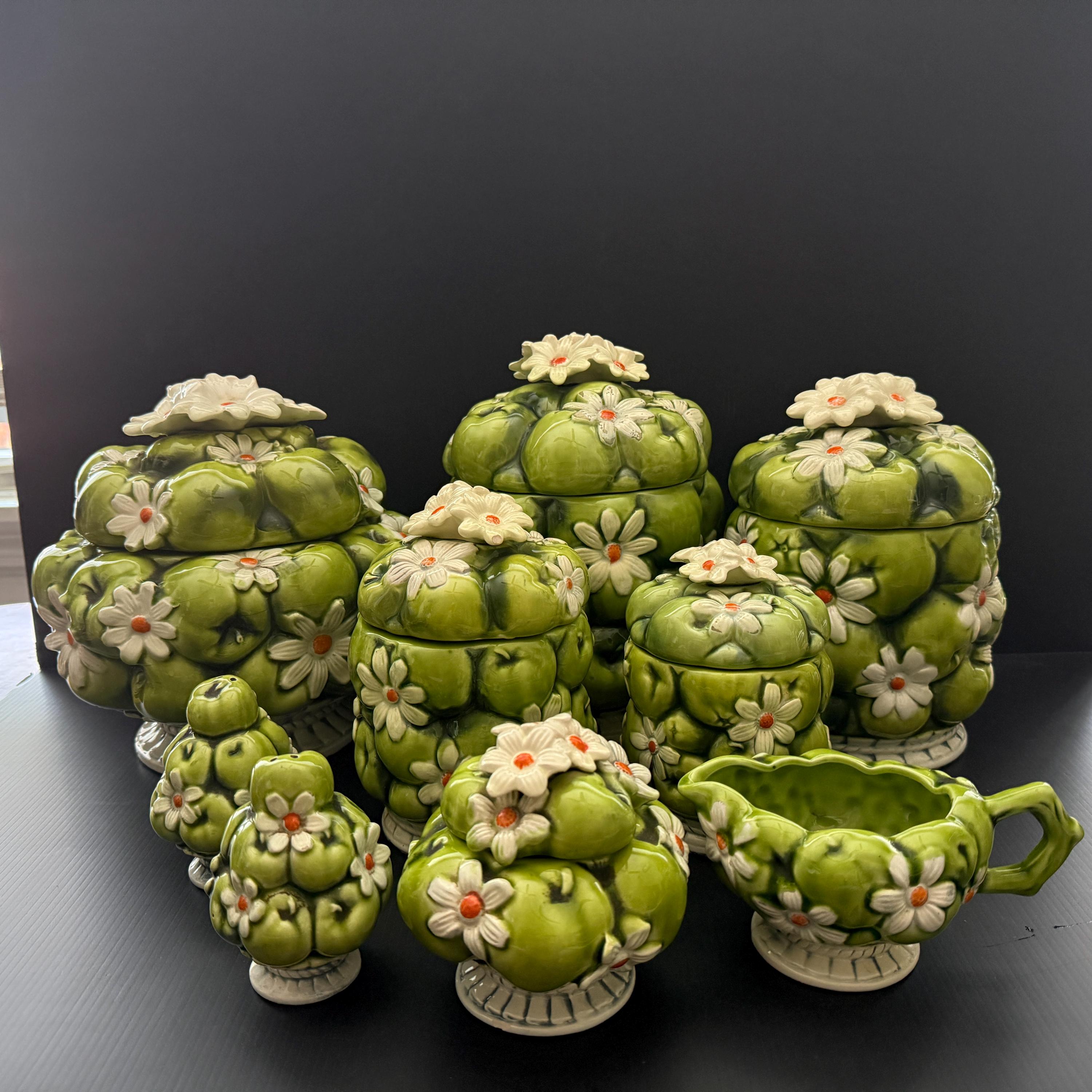 Imperial Collection マラカイトエッグ緑空瓶 Vintage 1967 Inarco Green Apple and Daisy Canister Set - 15 Pieces
