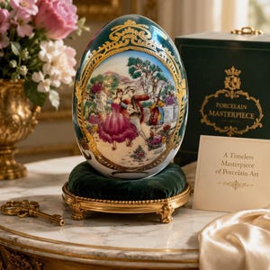 May include: A decorative porcelain egg with a teal background and gold filigree trim. The egg features a painted scene of people dancing in a garden. It rests on a green velvet cushion atop a gold stand. A card reads "A Timeless Masterpiece of Porcelain Art."