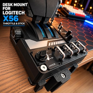 May include: A black desk mount for a Logitech X56 throttle and stick system. The device features dual throttle levers with blue illuminated scales, multiple metal toggle switches, a mode selection dial, and a sturdy clamp mechanism for attachment.