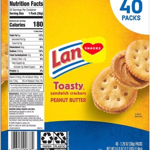 May include: A yellow box of Lance Toasty peanut butter sandwich crackers containing 40 packs. The packaging features a nutrition facts label, a barcode, and an image of two round crackers with peanut butter filling. Net weight is 51.6 ounces.