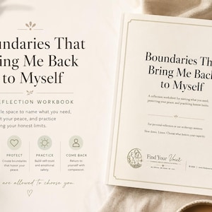 May include: A workbook titled "Boundaries That Bring Me Back to Myself" with a cream-colored cover. The book's title is in a bold, dark font. The image also includes a pen, a cup, and decorative elements.