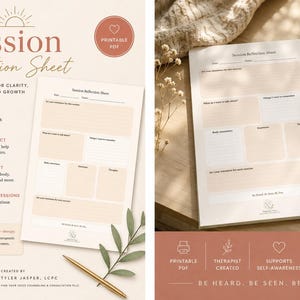 May include: A printable "Session Reflection Sheet" with a guided space for clarity, healing, and growth. The sheet includes prompts for setting intentions, exploring and reflecting, tracking and connecting, and growing between sessions. The design is in soft beige tones with a gold pen.