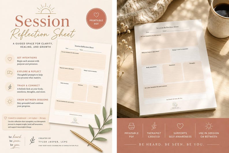 Puede incluir: Una "Session Reflection Sheet" imprimible, un espacio guiado para la claridad, la curaci&oacute;n y el crecimiento. La hoja incluye indicaciones para establecer intenciones, explorar y reflexionar, rastrear y conectar, y crecer entre sesiones. Dise&ntilde;o en tonos beige suaves.