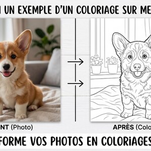 May include: An image shows a before-and-after example of a custom coloring page. The "before" photo features a corgi puppy. The "after" image is a line drawing of the same puppy, ready for coloring. Text reads: "I transform your photos into unique coloring pages!"