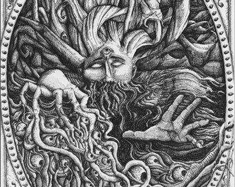 Wortelgebonden | 9 x 12" kunstafdruk | Tekening met pen en inkt