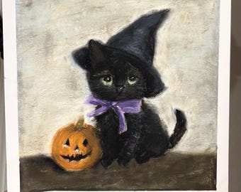 Halloween Black Cat and Pumpkin Original Art, Oil Pastel