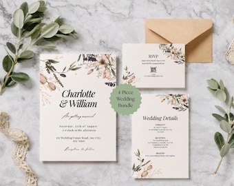 Whimsical Floral Wedding Invitation Suite, Pastel Watercolor Botanical Bundle (Digital Canva Template Download)