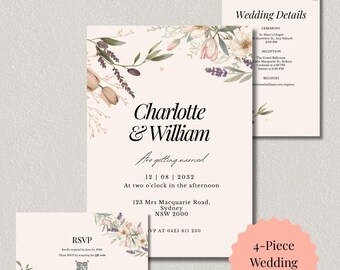 Whimsical Floral Wedding Invitation Suite, Pastel Watercolor Botanical Bundle (Digital Canva Template Download)