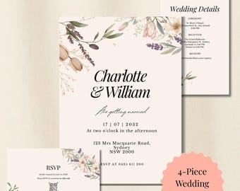 Whimsical Floral Wedding Invitation Suite, Editable Digital Canva Template, Pastel Watercolor Botanical Invite Bundle, 4 Piece Set