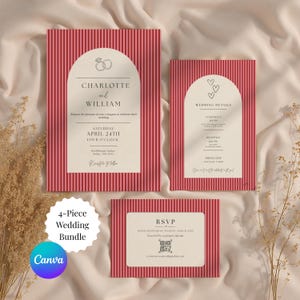 May include: A 4-piece wedding stationery bundle featuring red and white vertical stripes with cream-coloured arched inserts. The cards display text for Charlotte and William, wedding details, and an RSVP section with a QR code and the text 4-Piece Wedding Bundle.