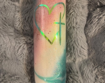 Bicchiere termico con croce e cuore, Via Lattea e glitter / Bicchiere termico personalizzato in acciaio inossidabile, fatto a mano / Regalo cristiano