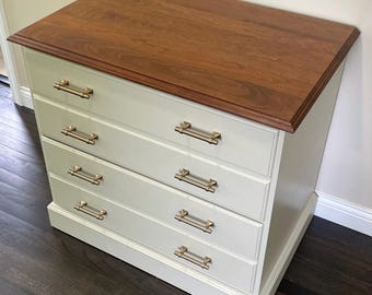 Ethan Allen Georgian Court Refinished Dresser / Bachelor Chest / XL Nightstand - Walnut and Beige