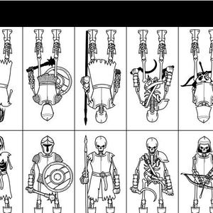 May include: Black and white illustration of ten skeleton warriors in various poses. Some are upside down, while others stand upright, each equipped with different weapons and armor, including swords, shields, spears, and bows.