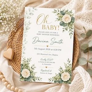 May include: Baby shower invitation with floral accents. The invitation features the text "Oh BABY!" in gold script, along with details for Davina Smith's baby shower. The design includes white roses and green foliage, with RSVP information.