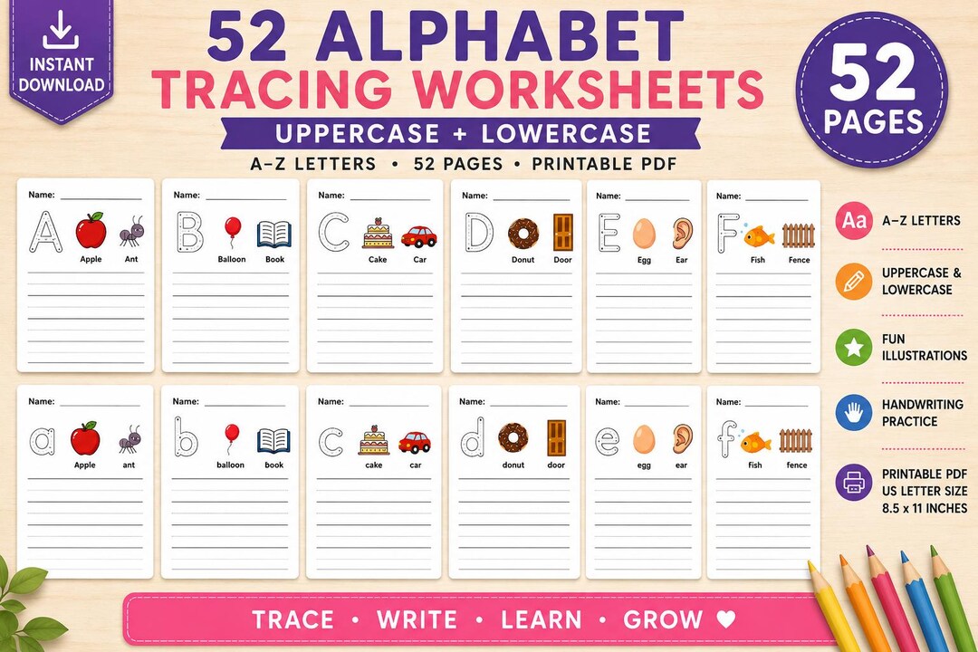 Printable Alphabet Tracing Worksheets | 52 Letter Practice Pages - Etsy UK